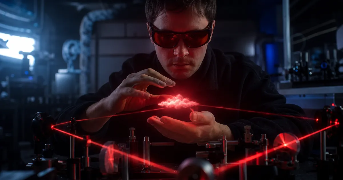 Korsande laserstrålar som håller ett litet lysande moln