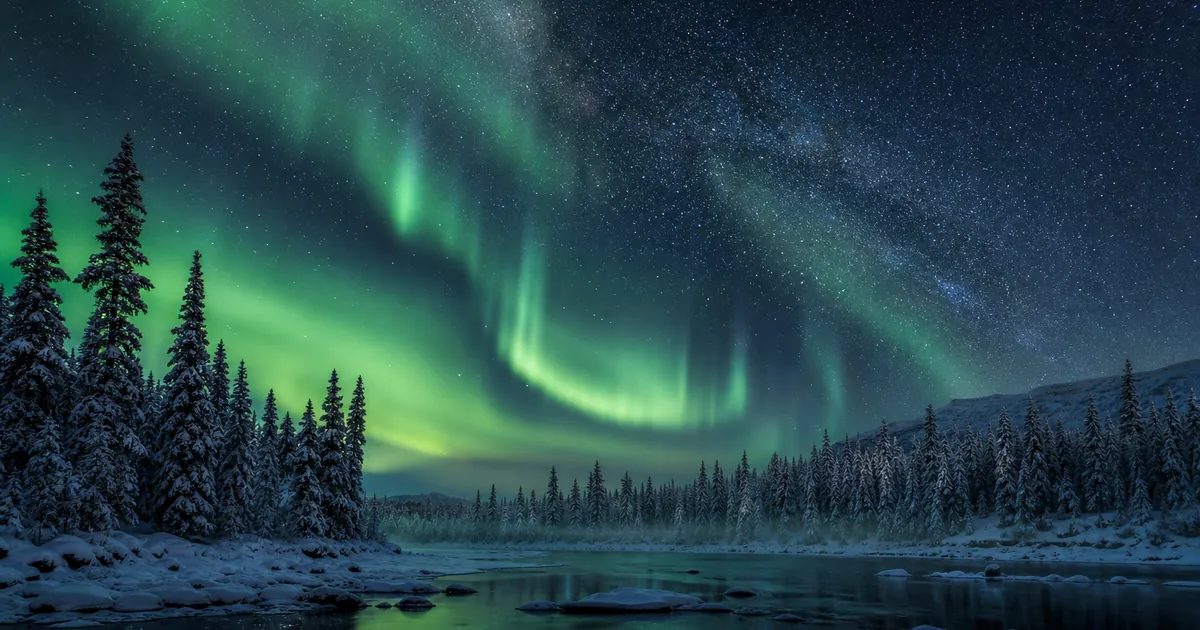 Vinternatt i svenska Lappland med norrsken över snötyngd granskog
