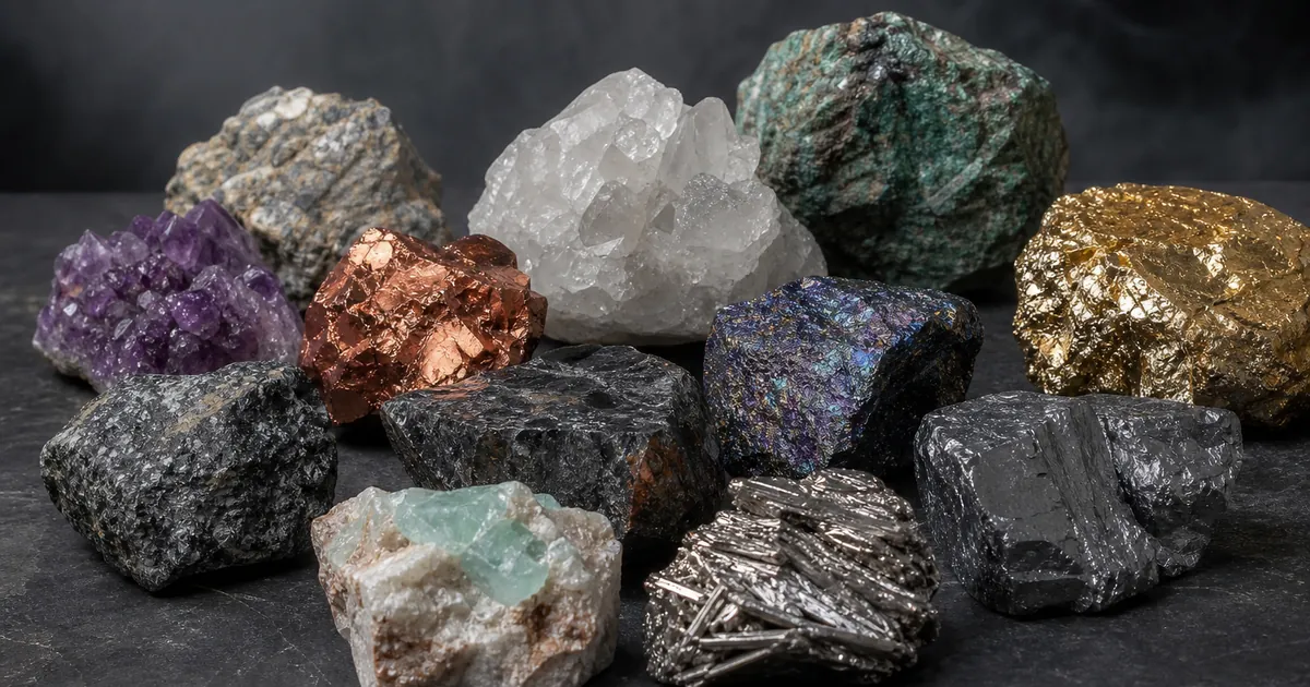 Mineral- och metallprover på en mörk stenyta
