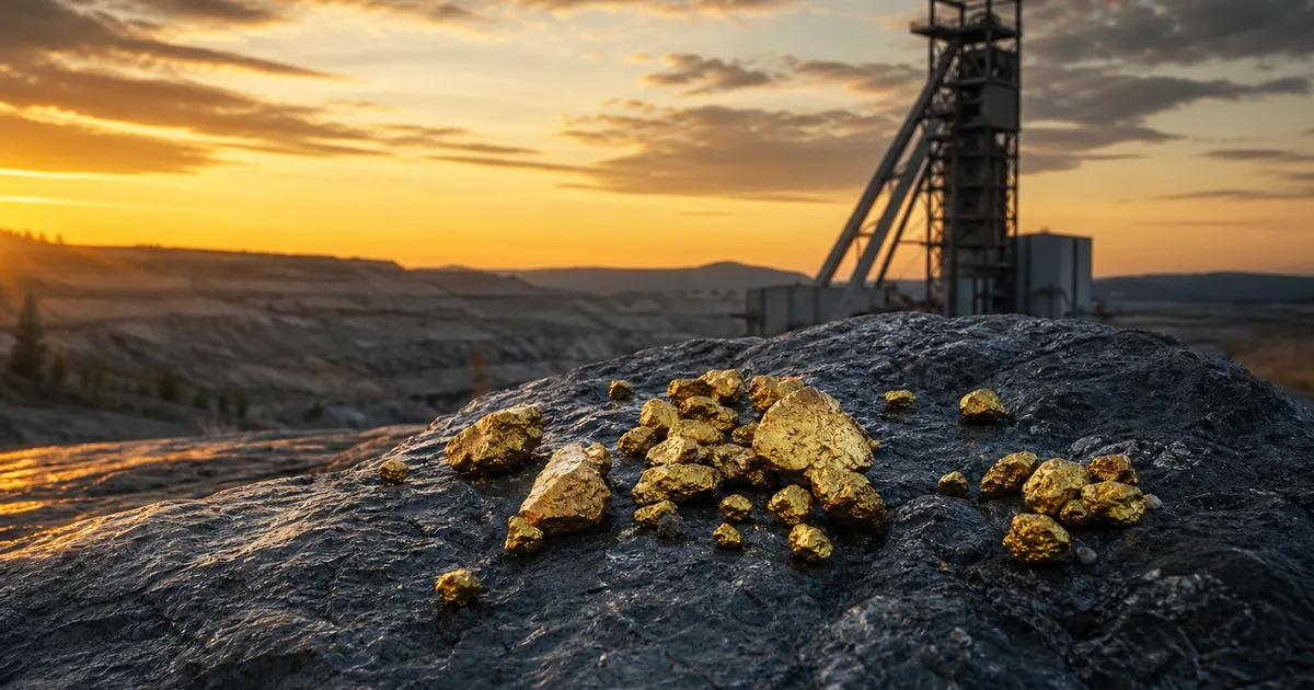 Naturguld på mörk sten med en norrländsk gruvlave i skymning