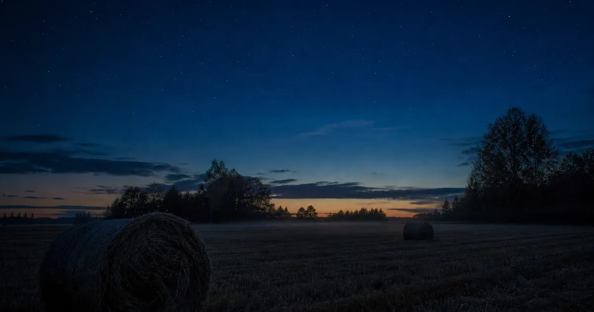 Stilla sensommarnatt över en höäng med svag stjärnhimmel