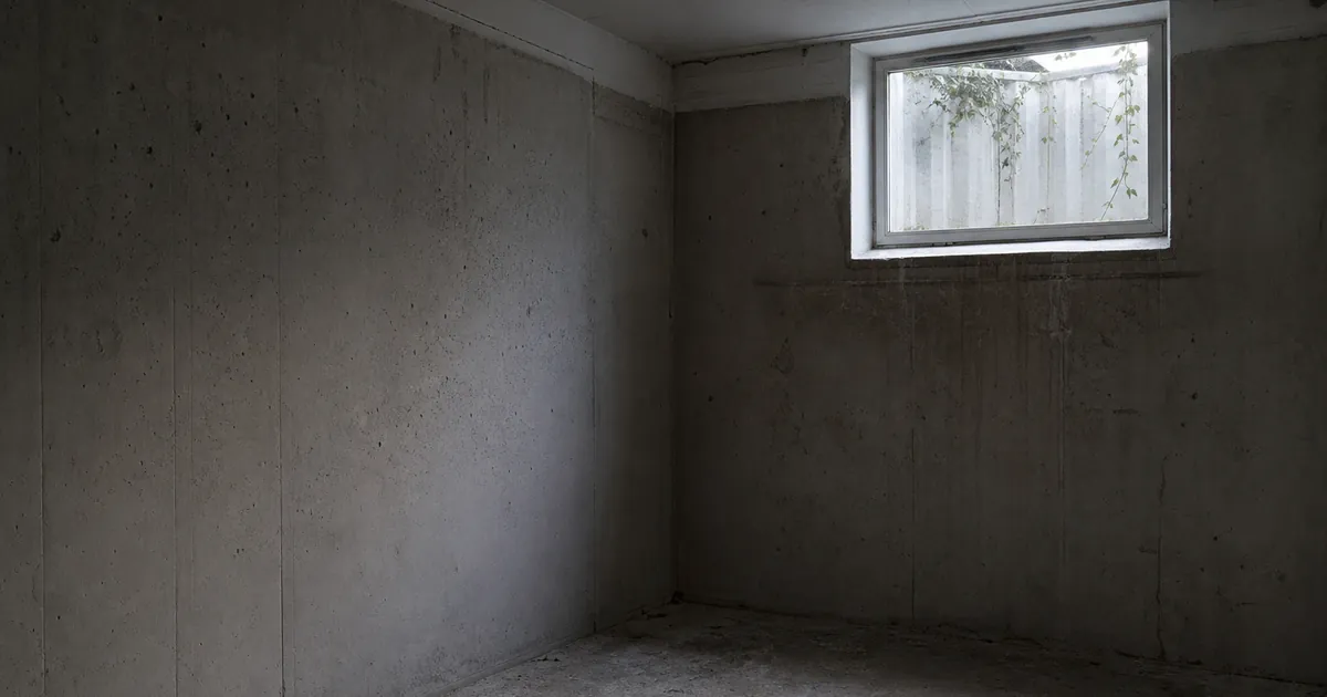 Källarhörn i ett svenskt hus med betongväggar och dagsljus