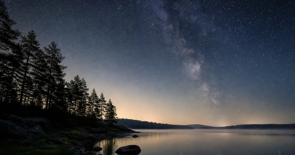 Stjärnhimmel över en stilla svensk sjö med tallar i siluett
