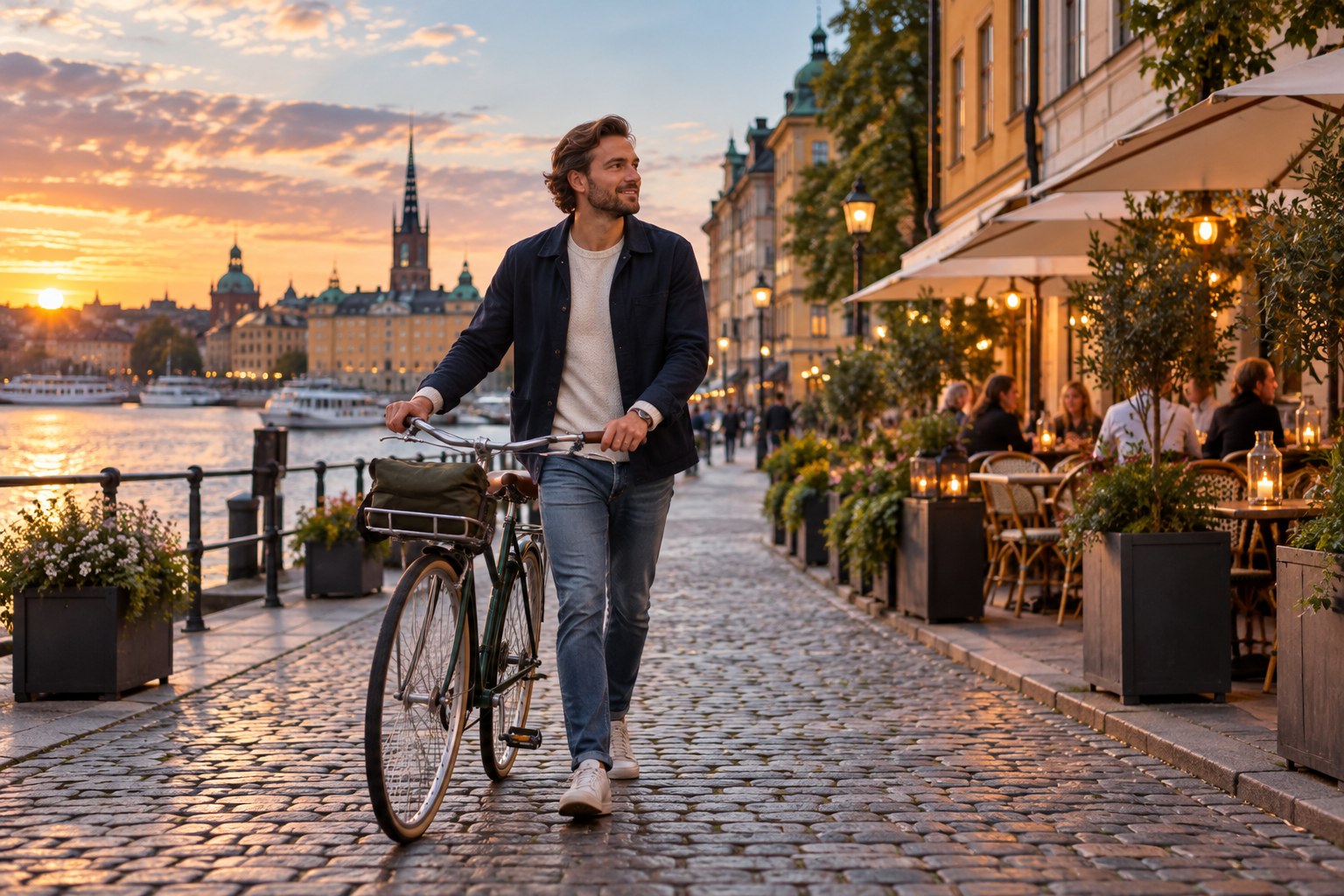 En person leder sin cykel längs en stadsgata i kvällsljus.