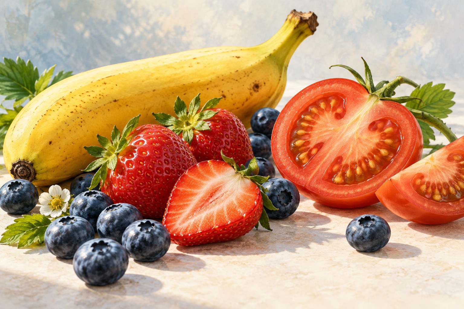 Banan, jordgubbar, blåbär och en delad tomat på ett ljust underlag.