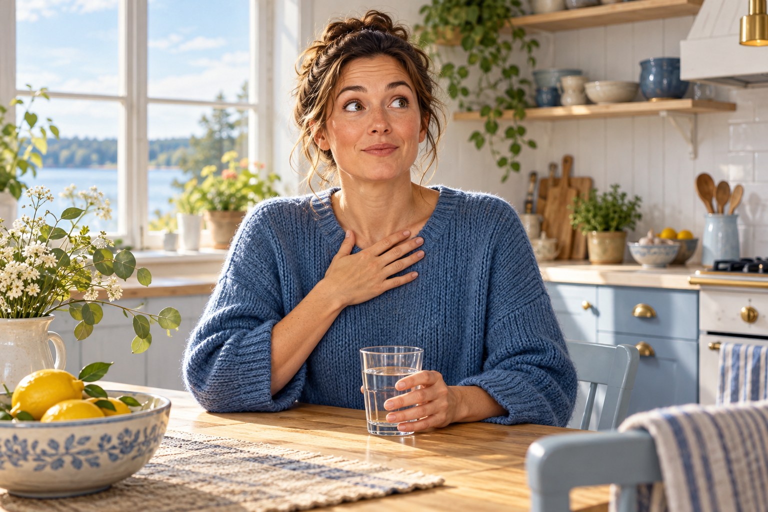En person håller handen mot bröstet och ett glas vatten vid ett köksbord.