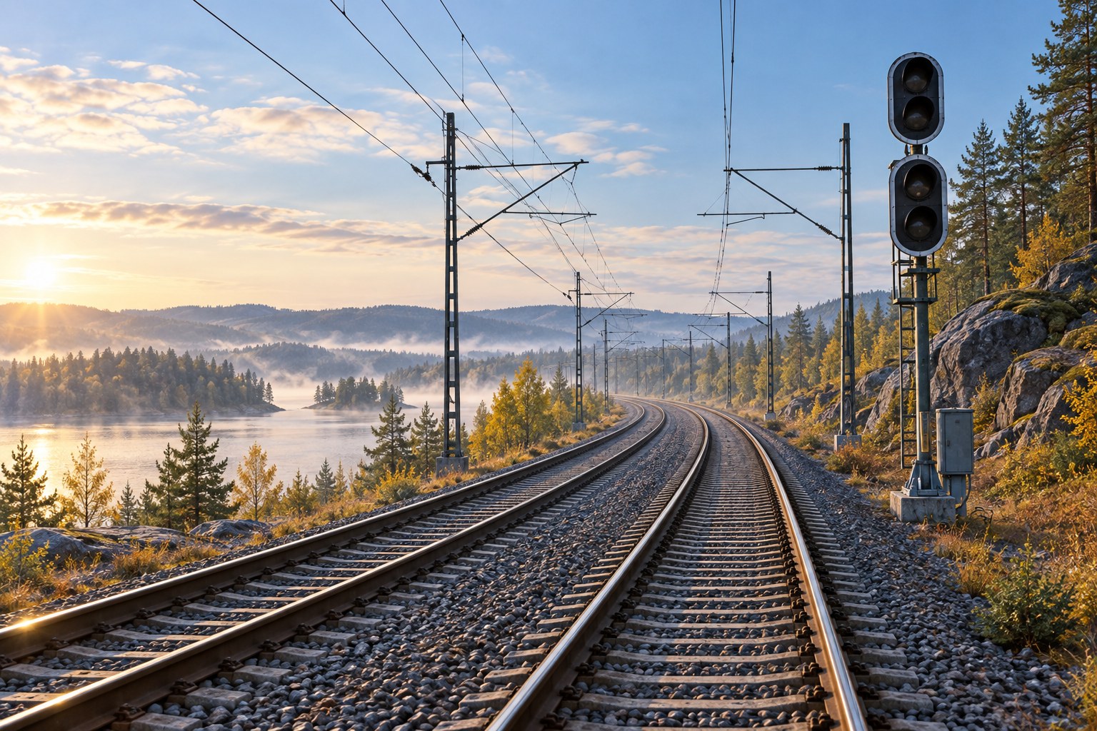 Järnvägsspår med kontaktledningar och en släckt signalmast i morgonljus.