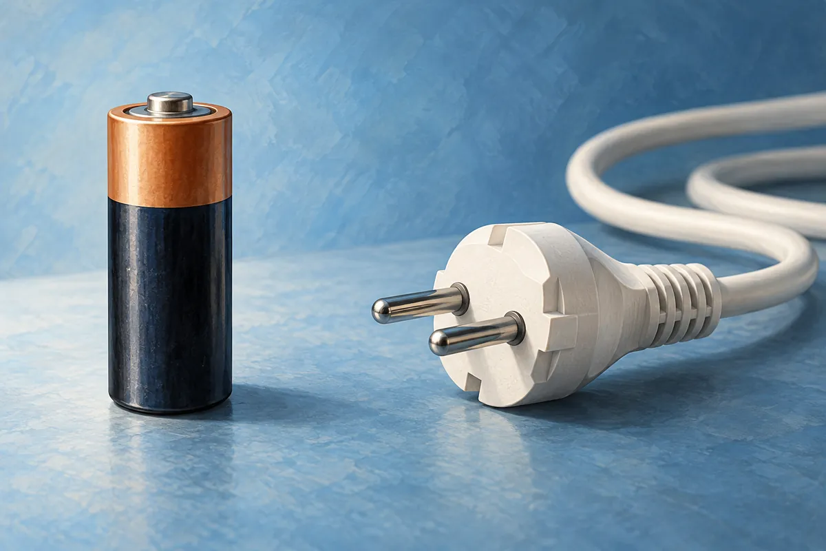 Ett batteri bredvid en vit stickpropp med sladd.