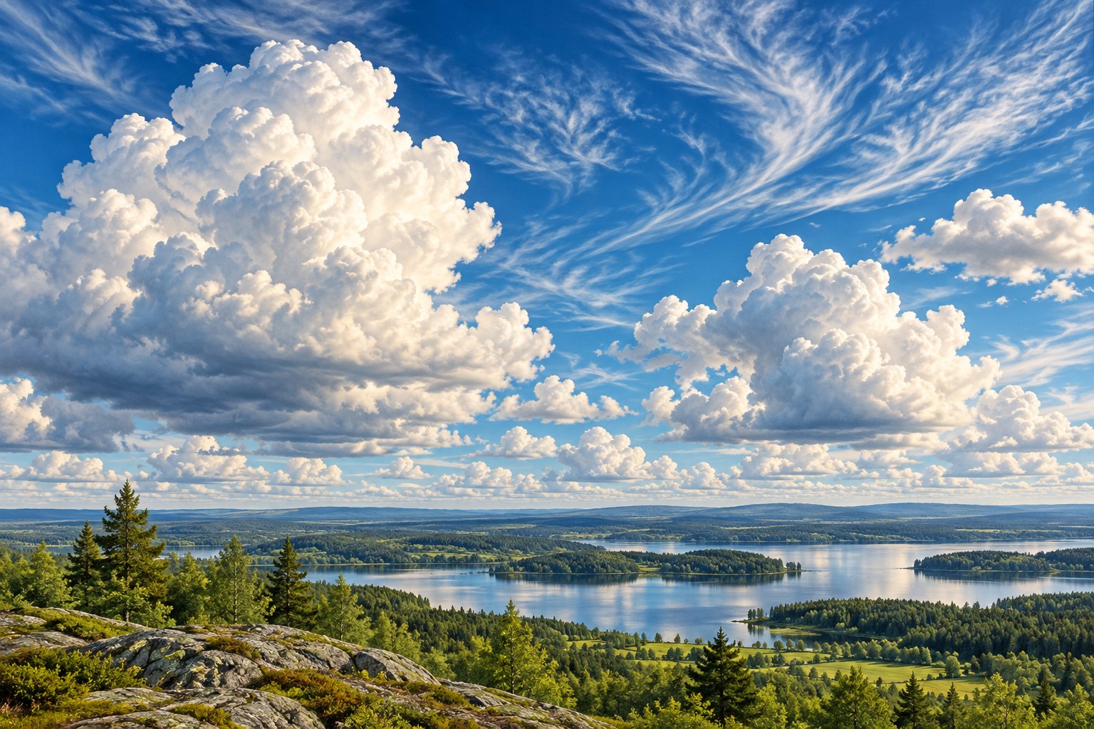 Vita stackmoln och tunna fjädermoln över en sjö och ett grönt landskap.