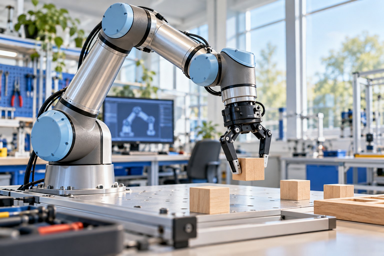 En ledad robotarm lyfter en träkloss med sin gripklo.
